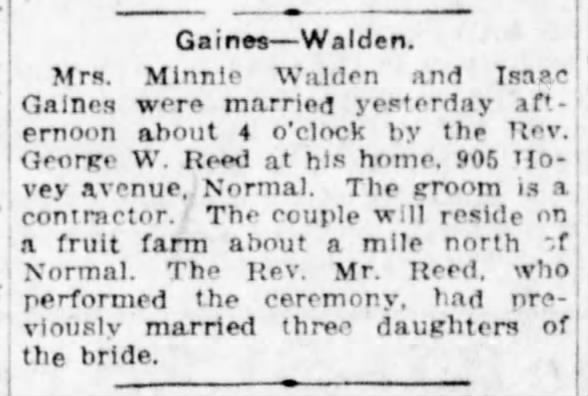 Isaac Lee & Minnie M. (Livingston) Walden Gaines, The Pantagraph, Bloomington, Illinois, Friday, June 29, 1917, Page 3